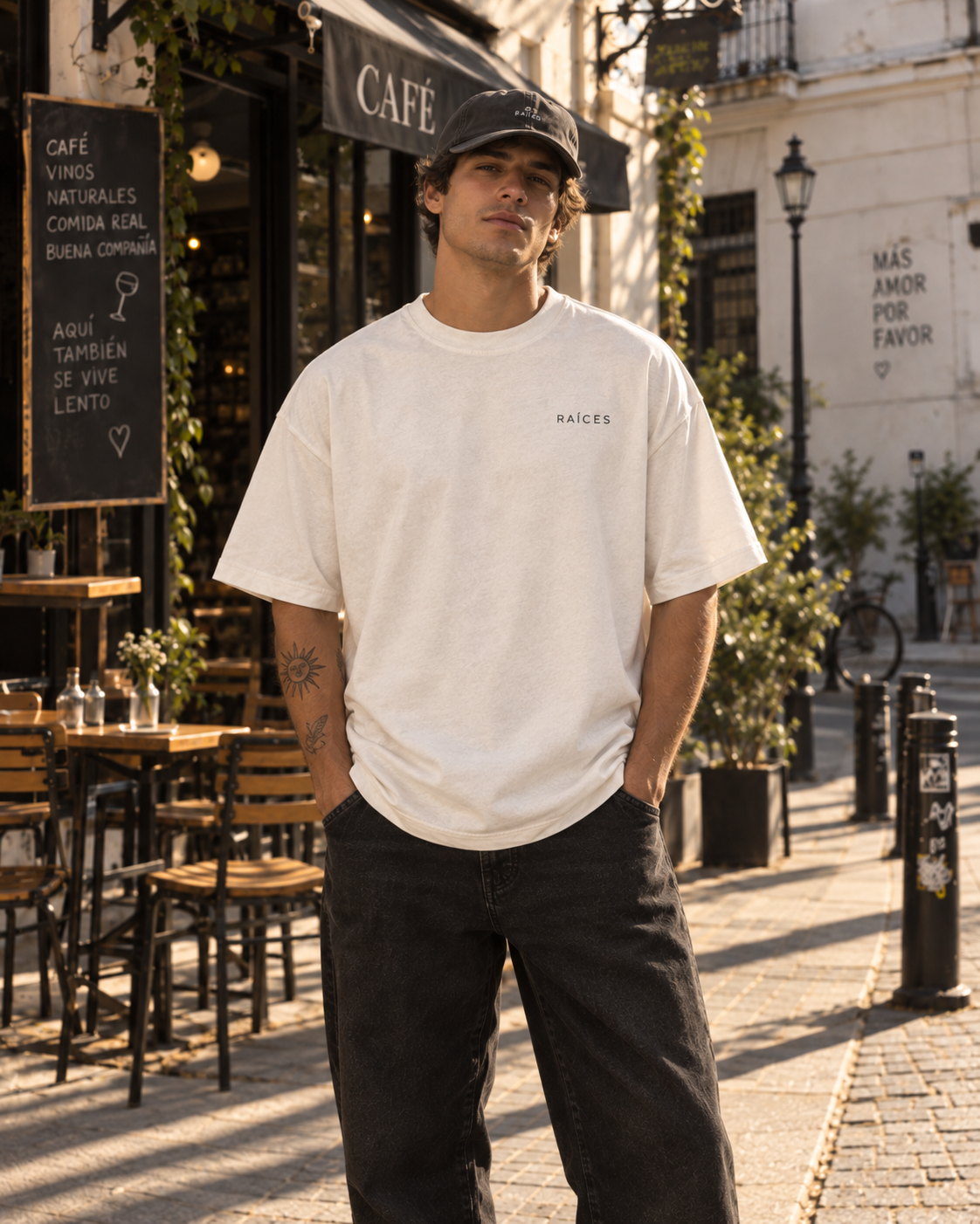 RAÍCES ME GUSTA Heavy Oversized Tee – Lifestyle- und Produktaufnahme 3