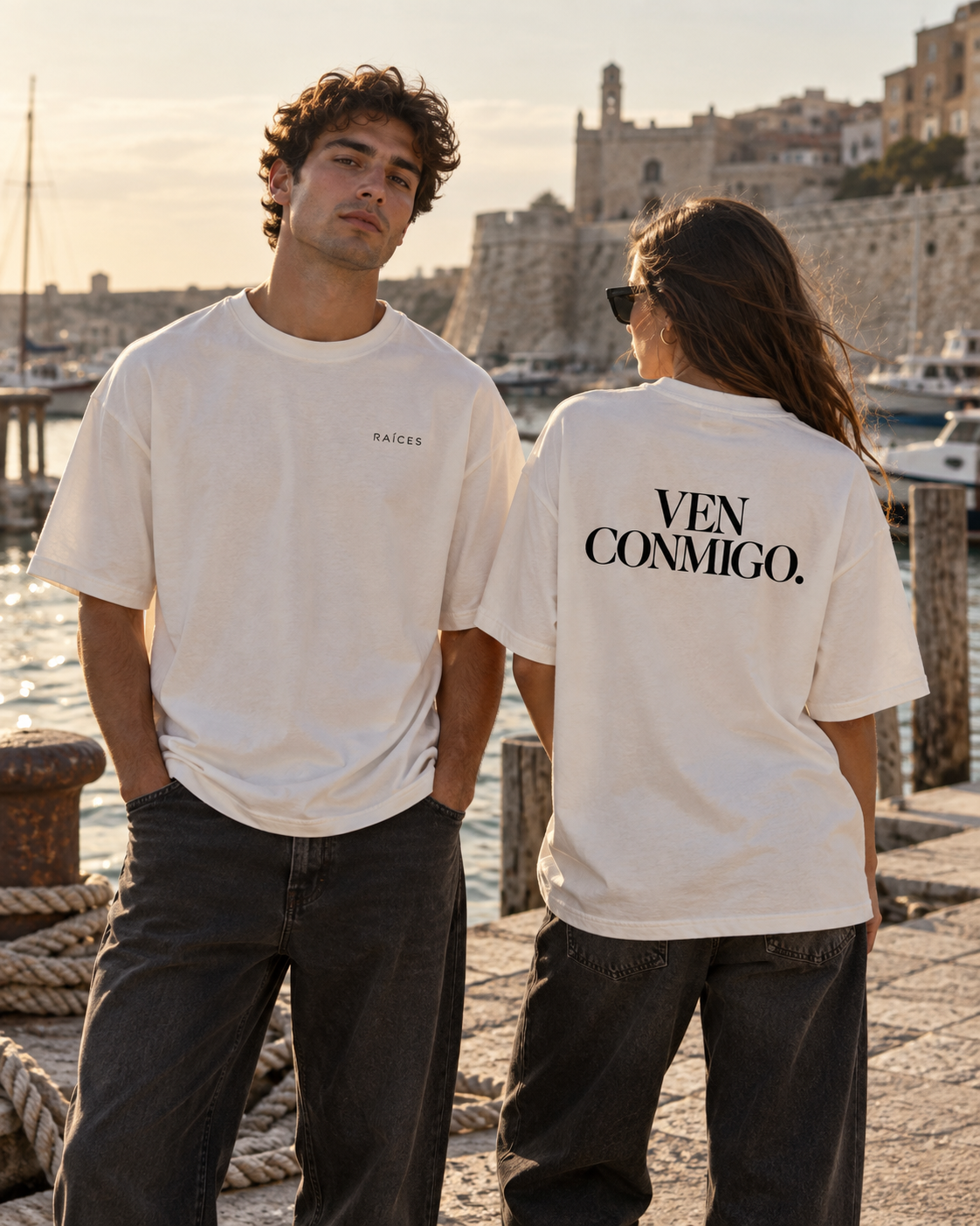 RAÍCES VEN CONMIGO Heavy Oversized Tee – Lifestyle- und Produktaufnahme 1