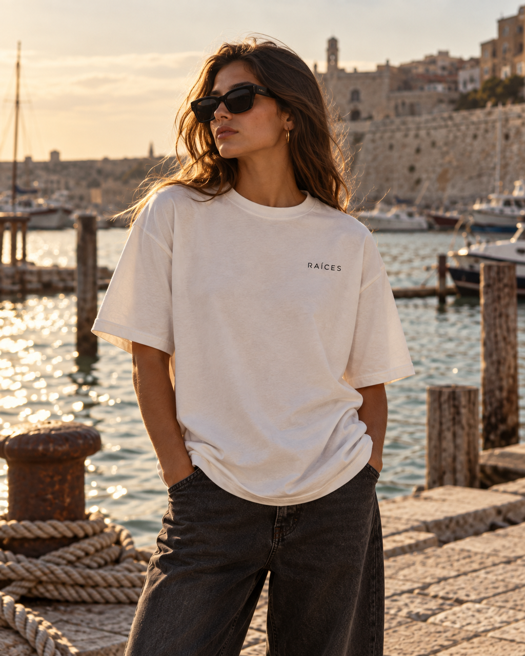 RAÍCES VEN CONMIGO Heavy Oversized Tee – Lifestyle- und Produktaufnahme 2