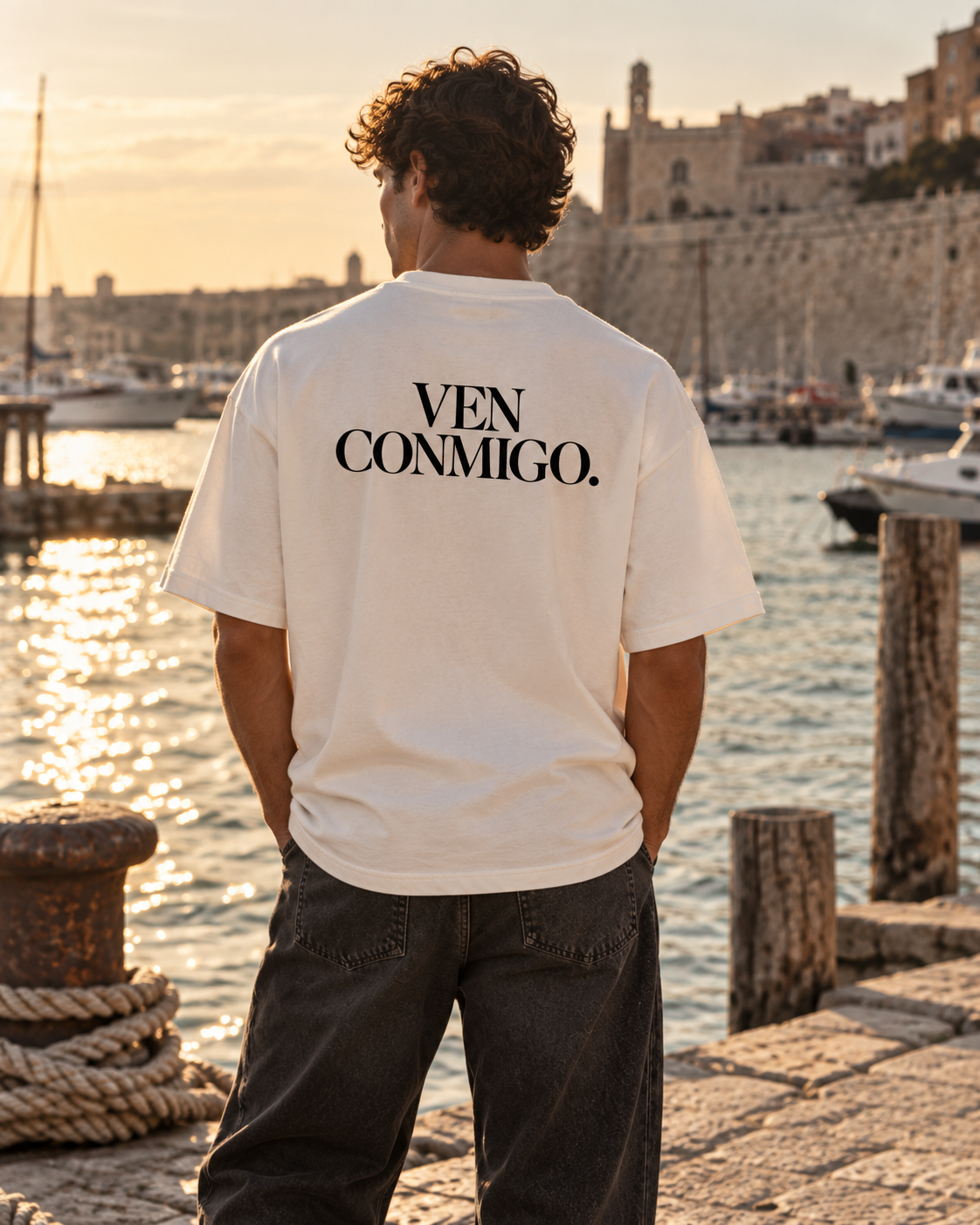 RAÍCES VEN CONMIGO Heavy Oversized Tee – Lifestyle- und Produktaufnahme 3
