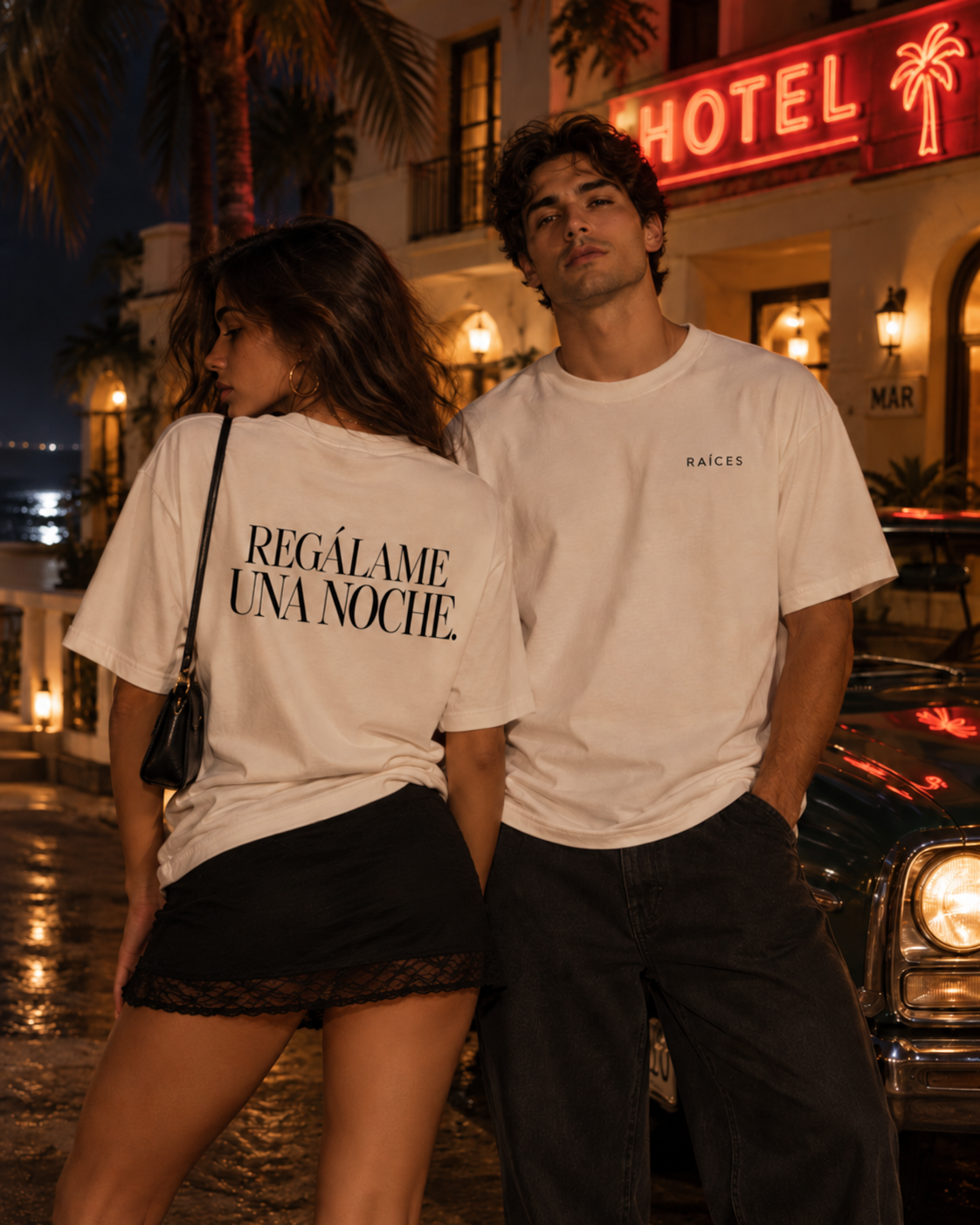 RAÍCES REGÁLAME UNA NOCHE Heavy Oversized Tee – Lifestyle- und Produktaufnahme 1